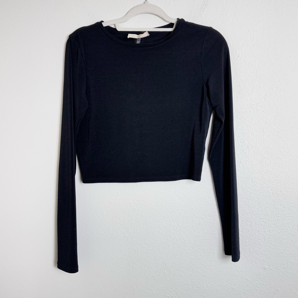 Alice Olivia black long sleeve round neck crop mesh sheer panel top shirt M